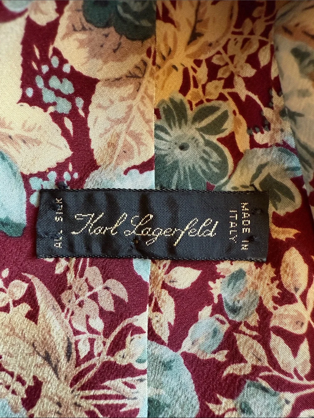 Karl Lagerfeld Burgundy Floral Vtg Silk Tie with Teal and Cream Accents